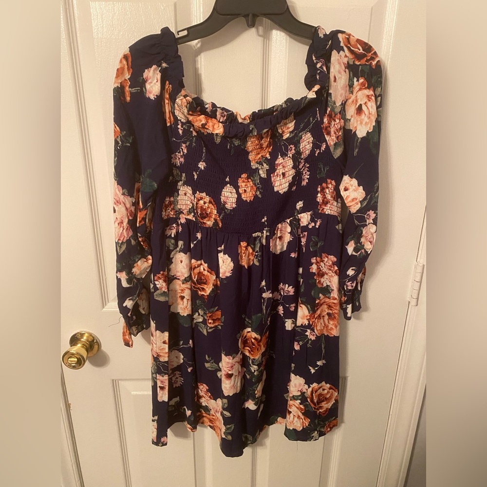 Xhilaration Navy Blue Peasant Long Sleeve Pink Floral Spring Dress Large. NWT